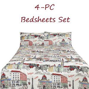 Printed Bed Sheets Set 4-pc Multicolor Parisian Scenes Full Queen King